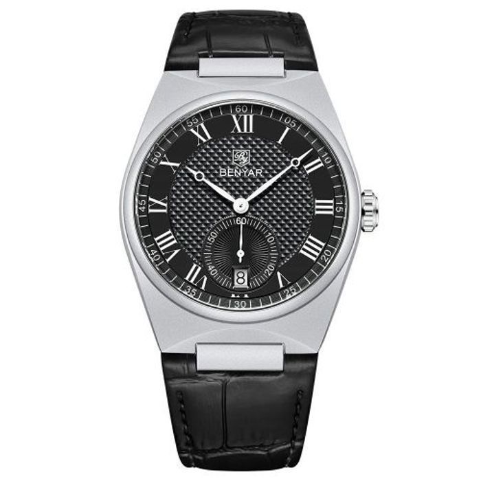 Montre Benyar Bracelet En Cuir Noir Classique Cardan Noir Pour Hommes