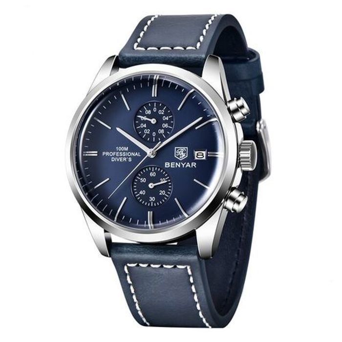 Montre Benyar Bracelet En Cuir Bleu Chronographe Pour Hommes