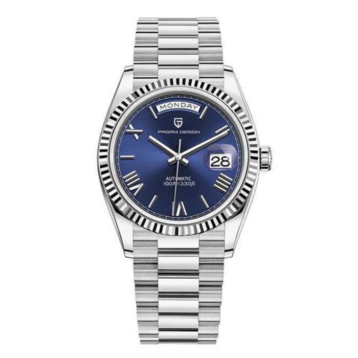 Montre Pagani Design Bracelet Argent Mécanique Automatique Pour Hommes Cadran Bleu