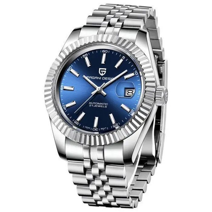 Montre Pagani Design Bracelet Argent Mécanique Automatique Pour Hommes Cadran Bleu