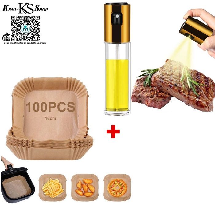 Pack Distributeur spray vaporisateur huile vinaigre pour aliment et air fryer + 100 Pcs Papier Cuisson Pour Air Fryer Forme Carrée