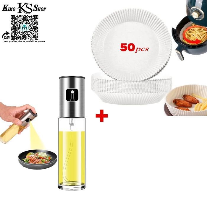 Pack Distributeur spray vaporisateur huile vinaigre pour aliment et air fryer + 50 Pcs Papier Cuisson Pour Air Fryer Forme Round
