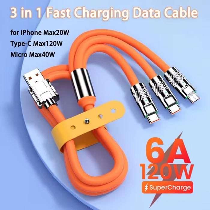 Câble de charge rapide 3 In 2 Type-C Mobile Phone USB Fast Charging 120W, Data Cable Suitable