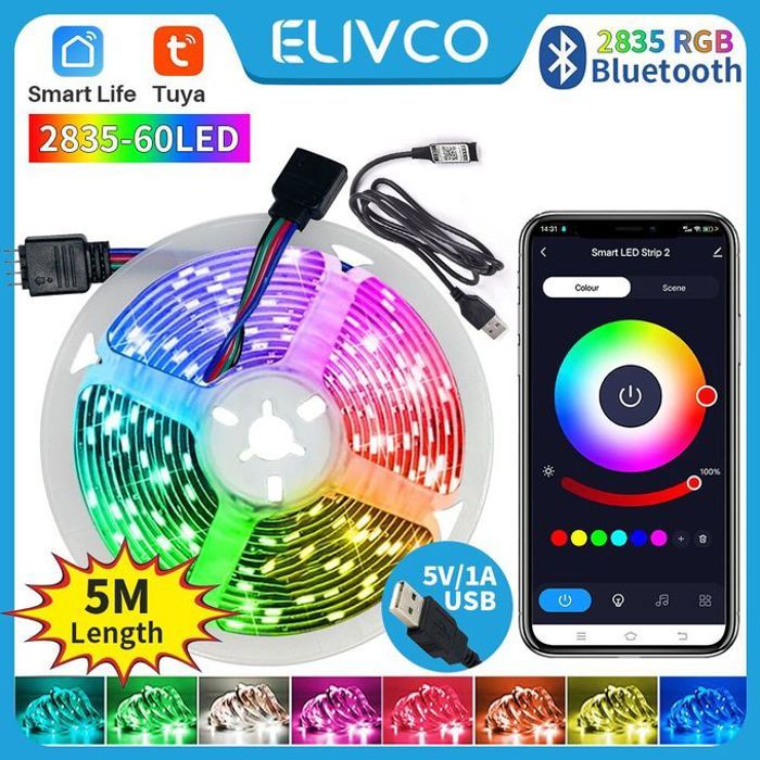 Bande lumineuse LED Bluetooth intelligente Tuya, RGB 2835, 5V, USB, application Smart Life