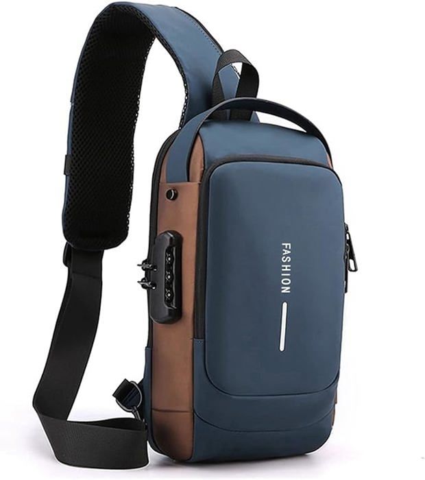 Sac à bandoulière pour homme - Antivol - Imperméable - Avec port de charge USB - Verrouillage par mot de passe Bleu et marron