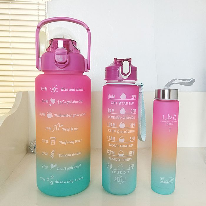 Lot de 3 Bouteille d'eau avec Paille, 2L+900ml+300ml de sports de gym avec Paille 1L pour Hommes et Femmes ou Enfant Garcon Fille