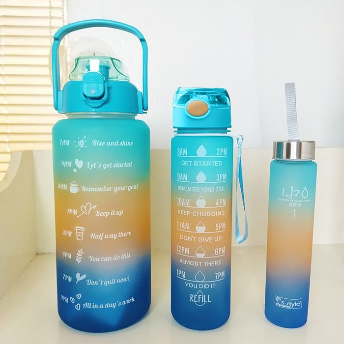 Lot de 3 Bouteille d'eau avec Paille, 2L+900ml+300ml de sports de gym avec Paille 1L pour Hommes et Femmes ou Enfant Garcon Fille
