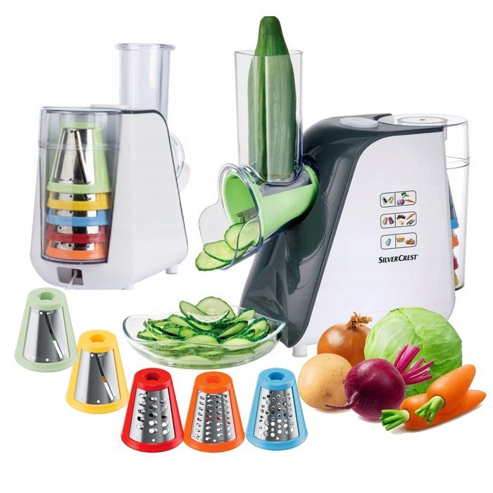 SILVERCREST Coupe Légumes Électrique 5 En 1, Multifonctionnel, Trancheuse de Légumes Rape à Fromage, 5 Accessoires inclus, 150W