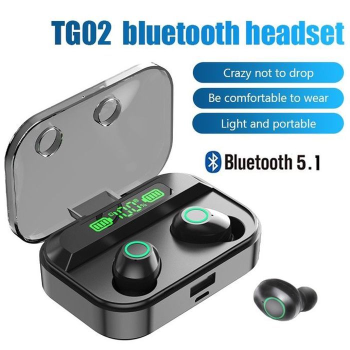 Écouteurs sans fil Bluetooth 5.1 TWS TG02, casque de sport stéréo étanche avec microphone
