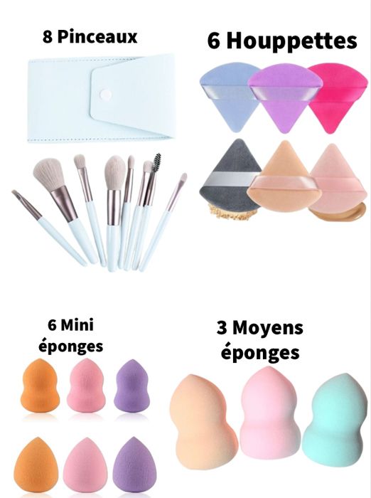 Pack outils de maquillage 8 Pinceaux de maquillage et 6 Houpettes et 3 Blenders plus 6 mini éponges Couleurs aléatoires.