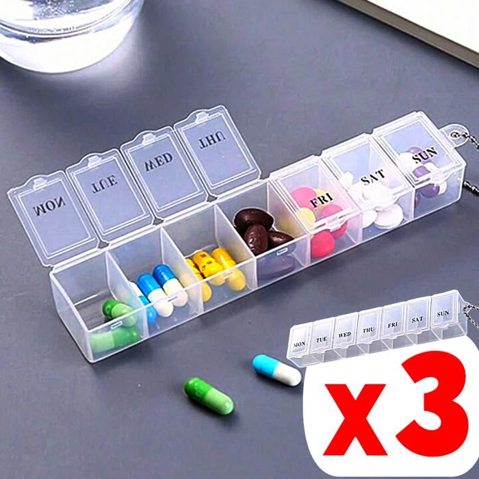 3 Boites à médicaments Semainier Pilulier quotidien Distributeur de Médicaments pour Pilule Capsule hebdomadaire 7 jours