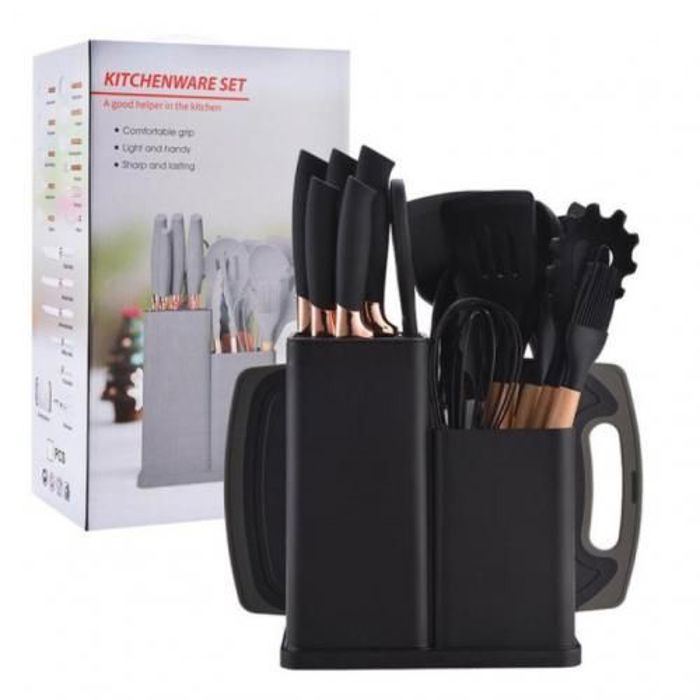 Ensemble de ustensiles de cuisine 19 pcs avec support de Silicone-Noir