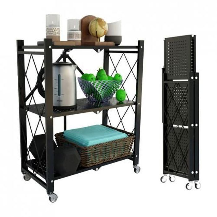 Chariot étagère multifonction de cuisine pliante à 3 niveaux -Noir