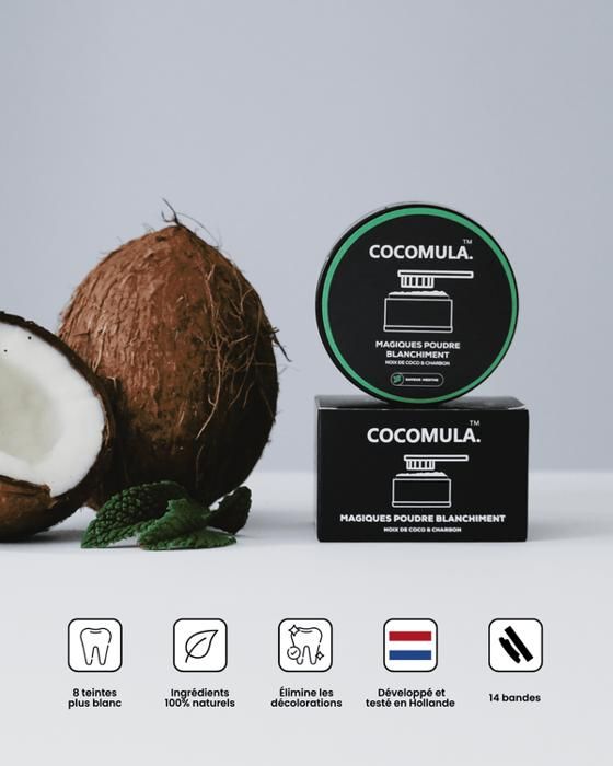 Poudre Blanchissante Magique,  100pour cent BIO,  Coconut Activated Charcoal, 150 Soins,  COCOMULA