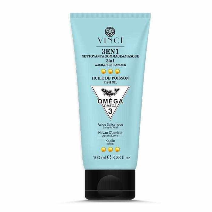 NETTOYANT GOMMAGE MASQUE 3 EN 1 OMEGA 3 - 100 ML Huile de poisson riche en oméga 3, Acide Salicylique, Noyau d'abricot, Kaolin
