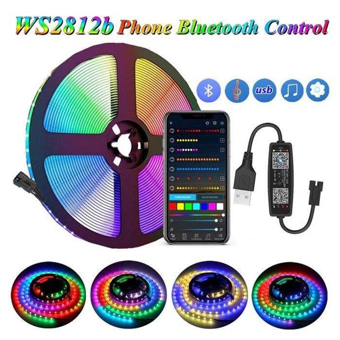 Bande lumineuse LED WS2812B,5M, DC 5V USB, contrôle Bluetooth, rétro-éclairage TV, décoration de fête à la maison