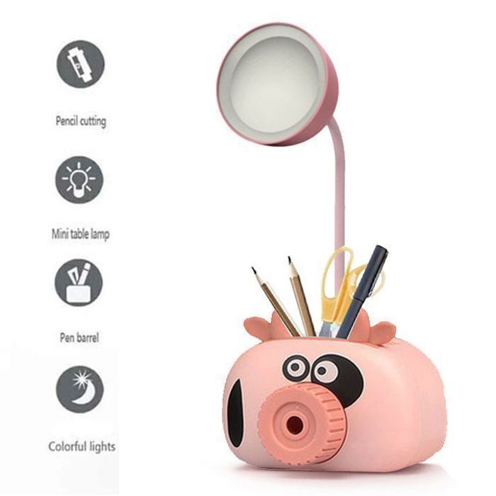 Mini lampe Bureau d'enfant rechargeable de table Avec Porte-stylos et Taille-Crayon - Rose
