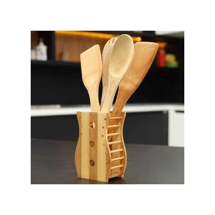 Set 4 Cuillères spatule de cuisson avec seau de rangement en bambou