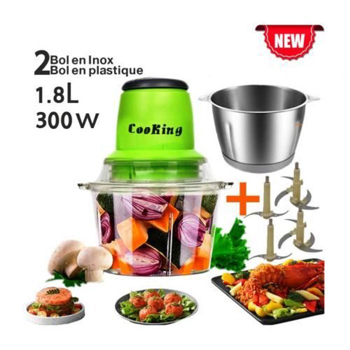 Hachoir Electrique avec 2 bols inox et plastique 1.8Lx2/250W