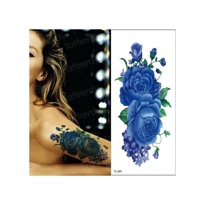 Autocollant Faux Tatouage temporaire fleurs bleu faux pour Pied et Bras femmes