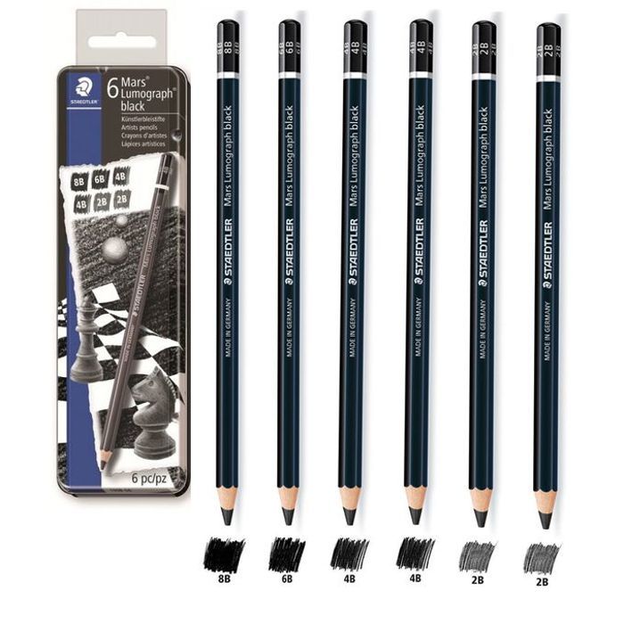 Staedtler Boite Métallique 6 Crayons graphite Mars BLACK Lumograph,graduations assorties
