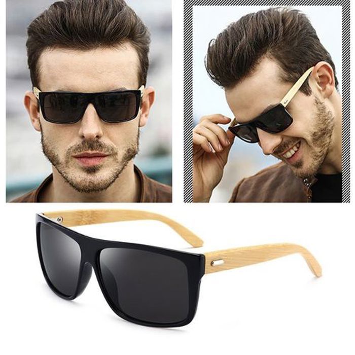 Rectangle Vintage bambou lunettes de soleil rétro bois miroir nuances mâle