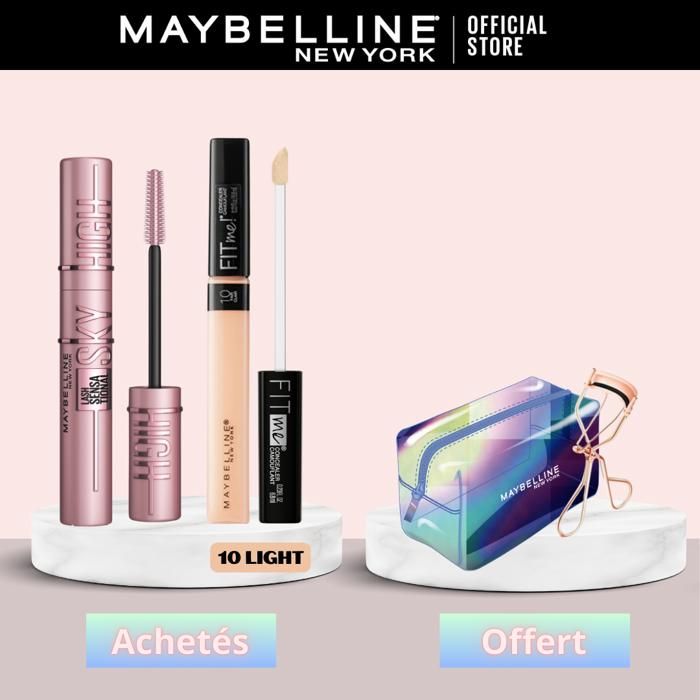 Maybelline Sky High Mascara Volume Noir + Anti-cernes Fit Me 10 LIGHT =Trousse Offerte & Recourbe Cils Gratuit