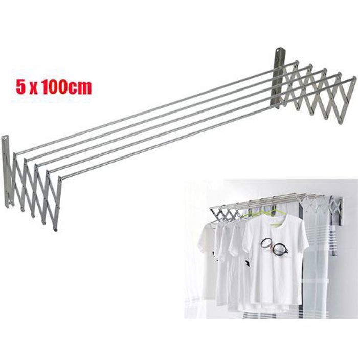 Séche Linge Extensible avec 5 barres Aluminium de 100 cm, 5x100cm