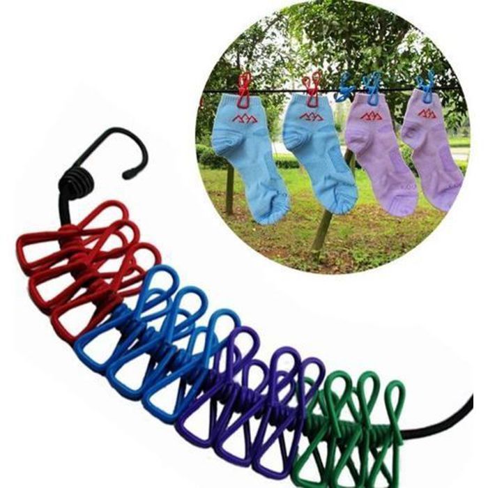Offfre Corde à Linge Tendeur fil à Linge pour Extérieur avec 12 Clips pinces