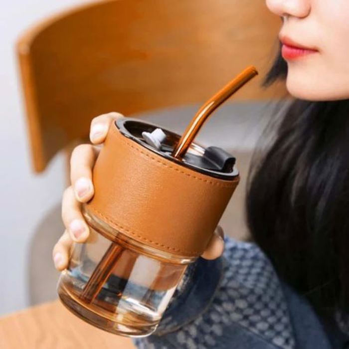 tasse de paille en verre,tasse à café Portable avec couvercle et étui en cuir
