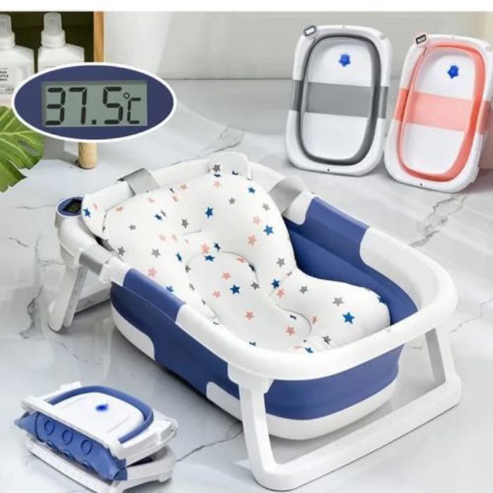 Baignoire Bébé Pliable avec Thermomètre Intégré et Coussin de Bain Ultra-Doux – 0 à 3 Ans – Bleu Antidérapant