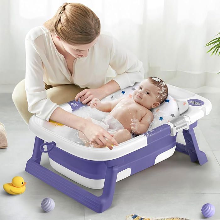 Baignoire pour bébé, pliable durable,portable avec coussin doux, antidérapante. avec thermometer