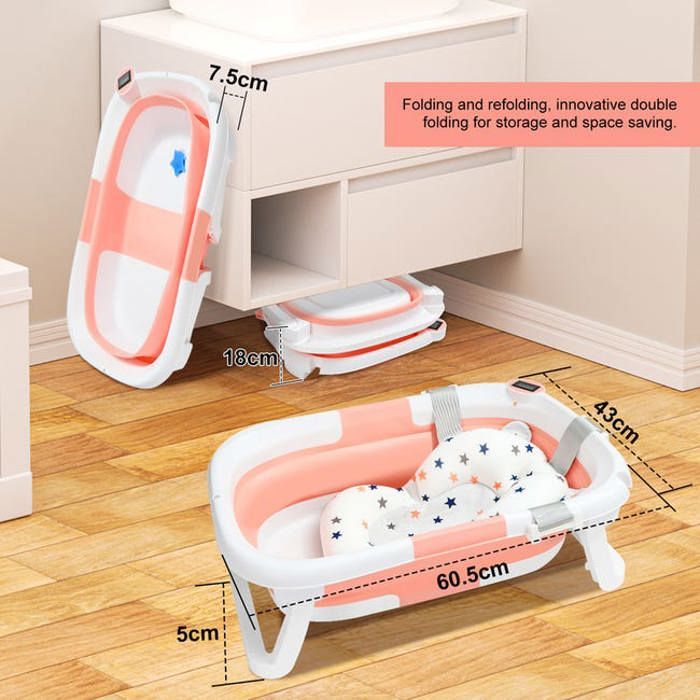 Baignoire pliable en silicone pour bébé — Rose — coussin intégré, antidérapante, thermomètre - 62 x 43 x 20.5 cm