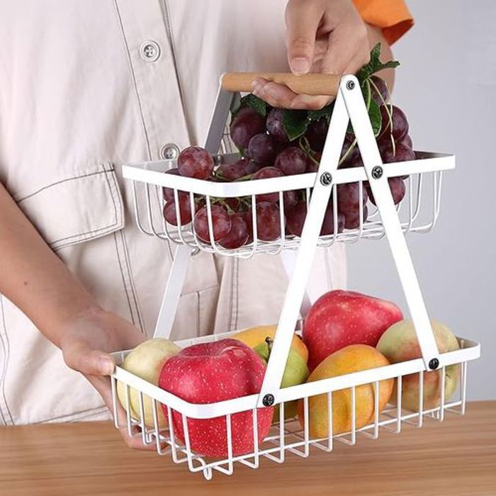 Panier à Fruit à 2 Étages Métal avec Poignée en Bois