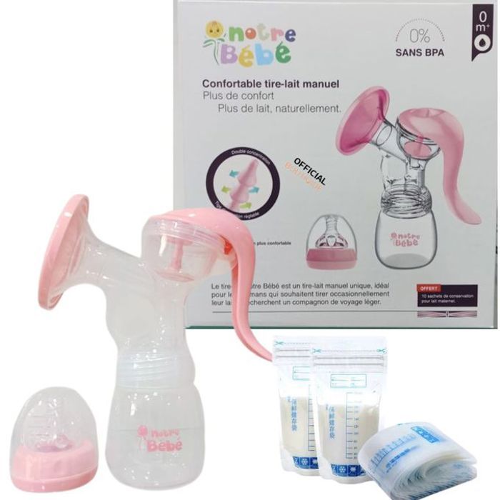 Notre bébé Tire-lait confortable Manuel+ Biberon+10 sachets de conservation lait maternel- ROSE
