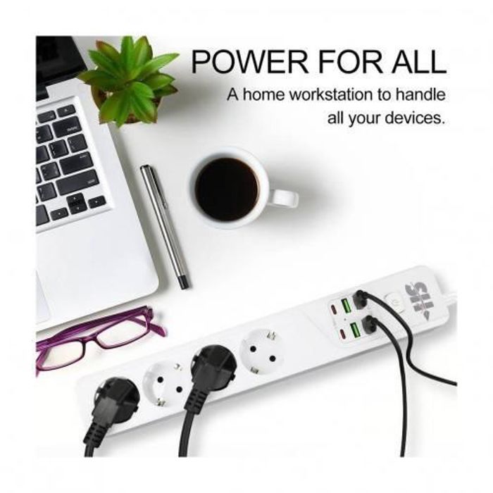 Multiprise 4.2A, 4 Prises 4 Ports Usb et 2 port Type C // Bloc Rallonge 2 mètres