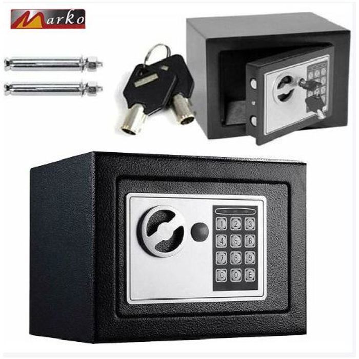 Coffre Fort à Serrure Électronique Avec Code PIN et 2 Clés, Fixations Murales et au sol 17×23×17cm