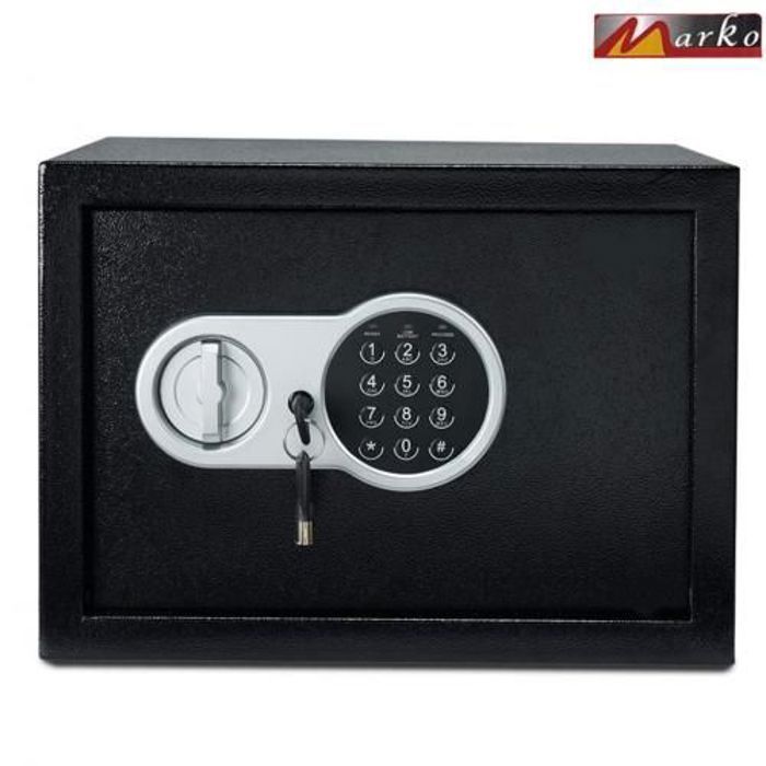 Marko Coffre Fort à Serrure Électronique Avec Code PIN et 2 Clés, Fixations Murales et au sol 25×35×25cm