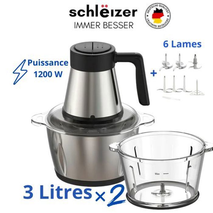 Hachoir électrique professionnel - 1200Watts - 6 Lames - 2bols Inox et verre