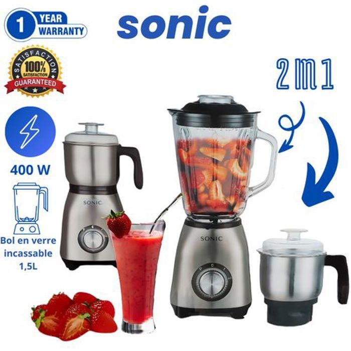 Blender mixeur smoothie en verre - 2 Vitesses - 2 en 1 - moulin épices - 400W