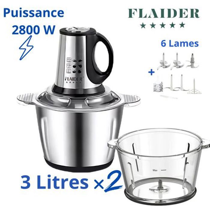 Hachoir électrique professionnel -2800Watts - 3litres - 2bols Inox et verre