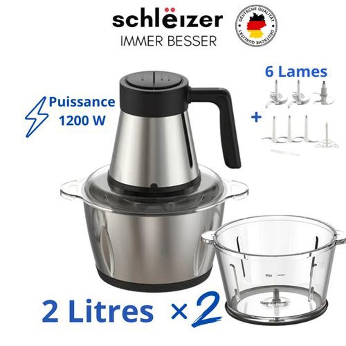 Hachoir électrique professionnel -1200Watts - 2litres - 2bols Inox et verre
