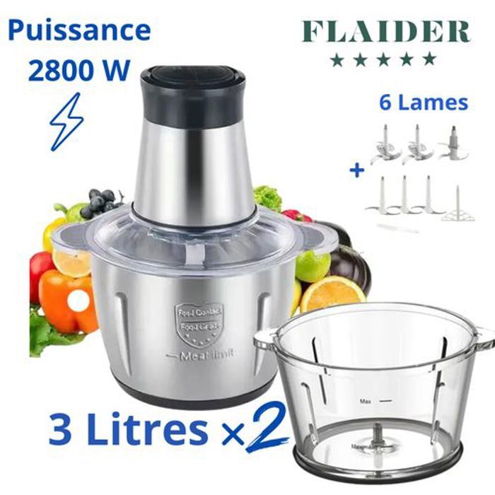 Hachoir électrique professionnel -2800Watts - 3litres - 2bols Inox et verre