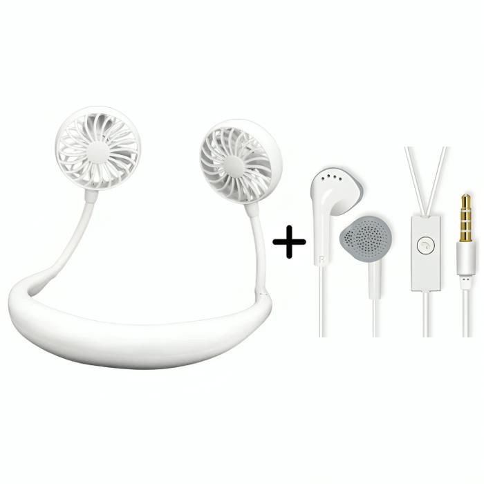 Ventilateur de cou Blanc + Écouteur Blanc - Mini pack
