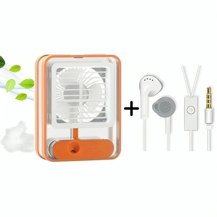 Mini ventilateur de bureau personnel Orange + Écouteur Blanc - Mini pack