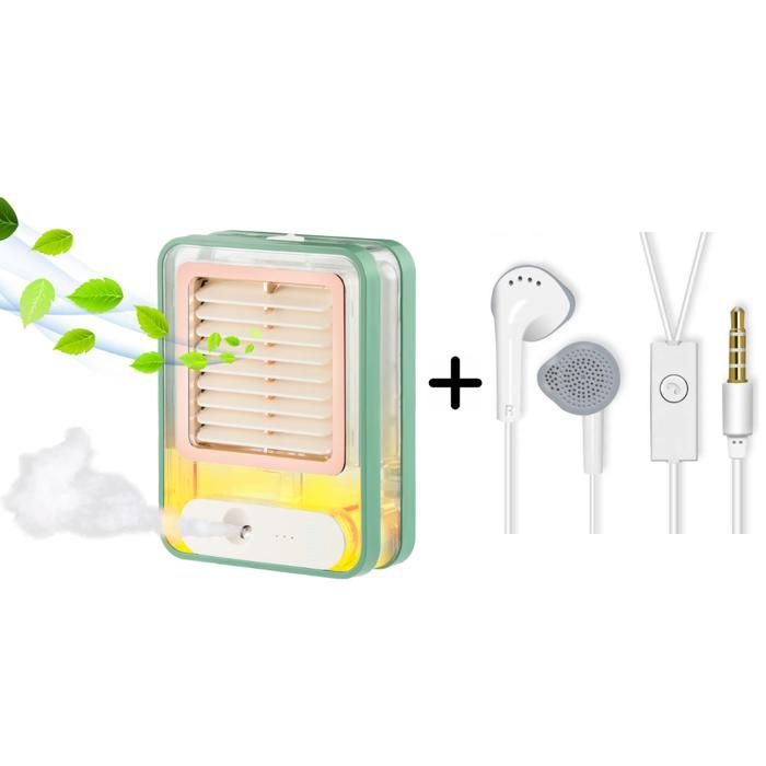 Mini ventilateur de bureau personnel Vert + Écouteur Blanc - Mini pack