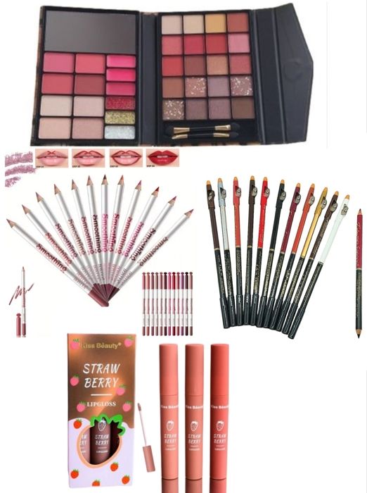 Pack coffret varié , Palette de maquillage, 3 Gloss à lèvres, 12 Crayons pour Yeux, 12 Crayons à lèvres.Couleurs Aléatoires.