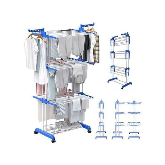 Étendoir à Linge – Support de Séchage pour Vêtements – 3 Niveaux – Bleu