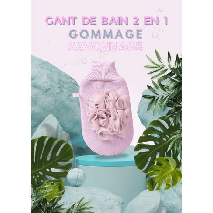 Gant de Bain 2 En 1 Gommage & Savonnage - Rose - Fibre 100% Viscose Exfoliante avec Boule de Bain en Nylon - Qualité Prémium