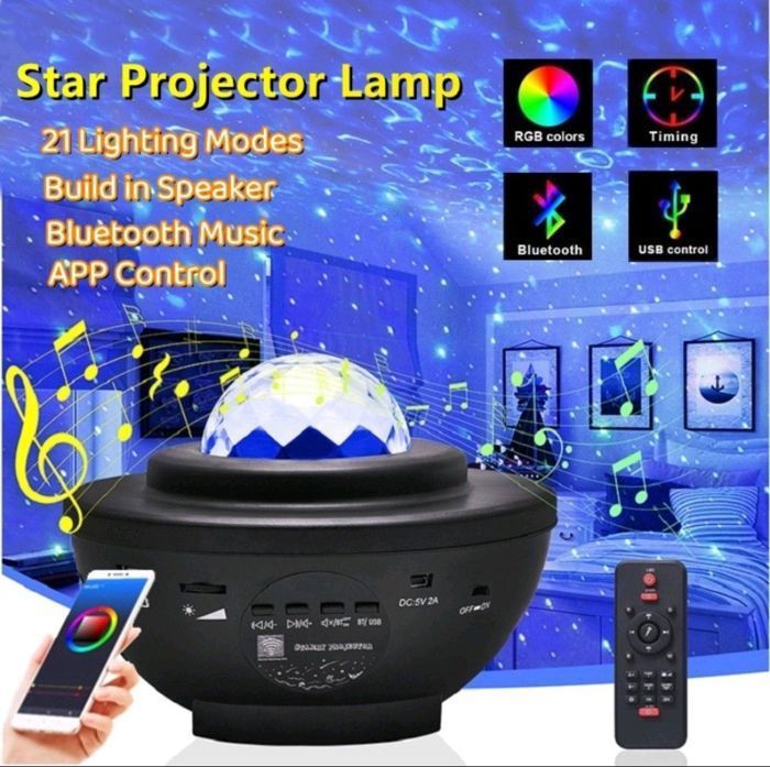 3 en 1 Projecteur lampe veilleuse LED Étoiles avec haut-parleur Bluetooth et télécommande